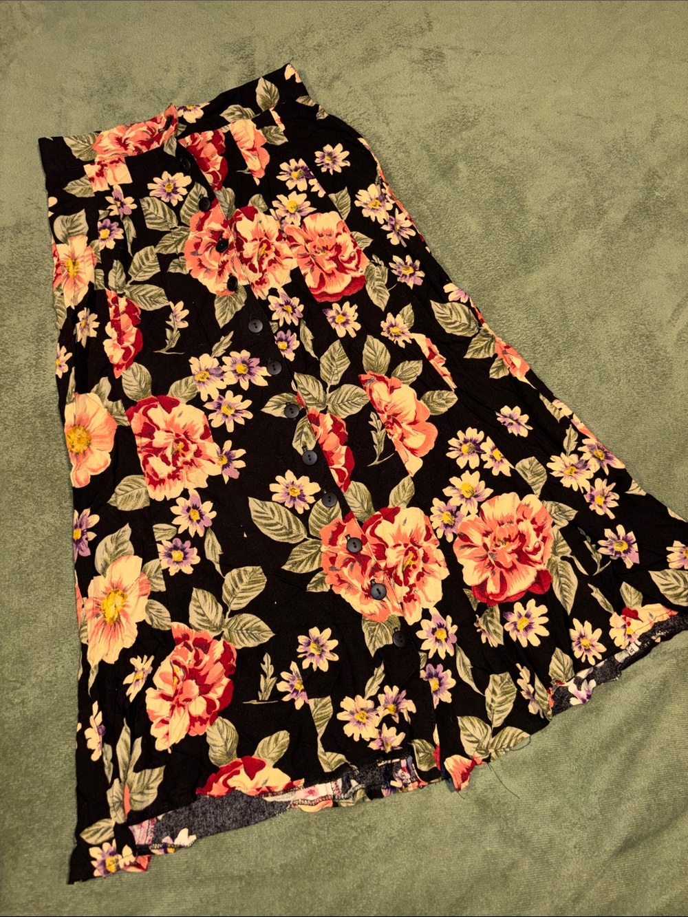 vintage Floral Button-Front Midi Skirt - Black with Pink & Yellow Flowers